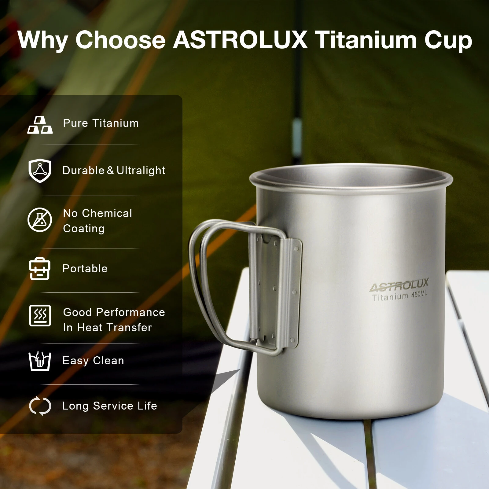 (image for) Astrolux&reg; Ti-M1 Titanium Mug Titanium Pot Lightweight Camping Pot Titanium Cup Titanium Backpacking Pot with Portable Foldable Handles for Outdoor Camping Hiking Backpacking
